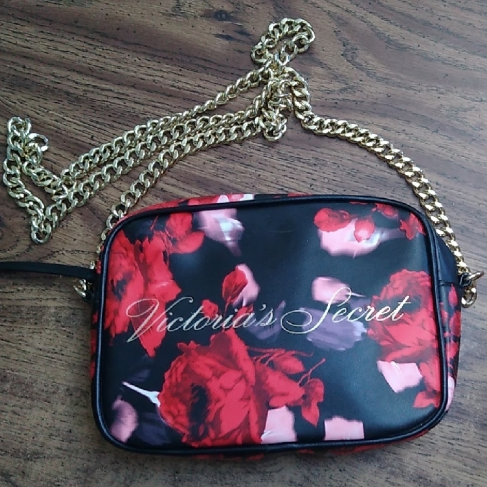 Victoria's Secret Red and Black Floral Crossbody Bag with Chain Strap